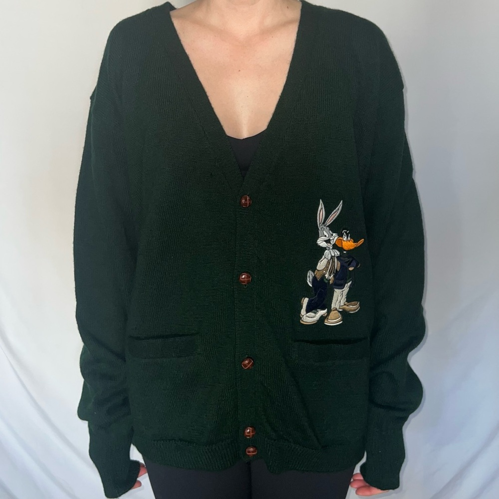 Vintage Warner Bros Studio Green Button Up Cardigan Bugs Bunny and Donald Duck